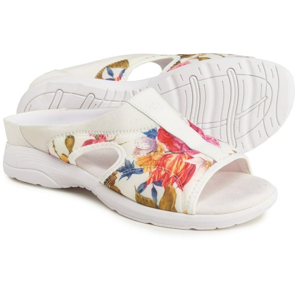 EASY SPIRIT TINE2 SLIDE SANDALS WHITE FLORAL 7.5